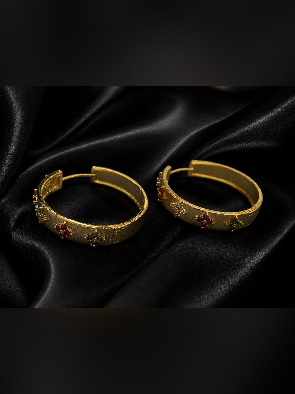 Gold Floral Multi-Stone Hoop Earrings - Picture 3 of 7